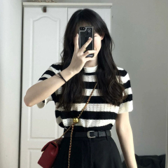 Hong Kong-style striped ice silk knitted sweater, shoulder short-sleeved T-shirt for women, summer slim design, niche short chic top