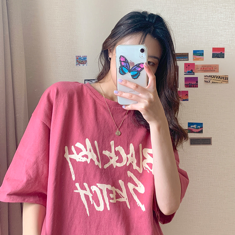 Real shot of 200g pure cotton 2025 spring and summer medium-length loose large size fat MM short-sleeved T-shirt for women
