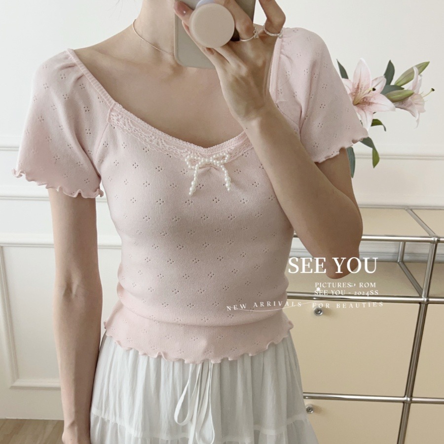 Summer puff sleeve slim body shirt for women with bow T-shirt sweet thin ice silk short pink short-sleeved knitted sweater
