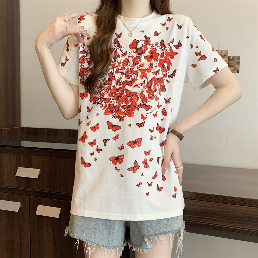 Real shot 21 pure cotton 210g100% cotton short-sleeved T-shirt women's print