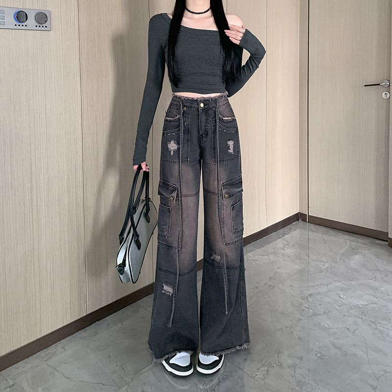 Real shot~Retro old jeans for women's black wide-leg pants design high waist ripped work trousers trendy