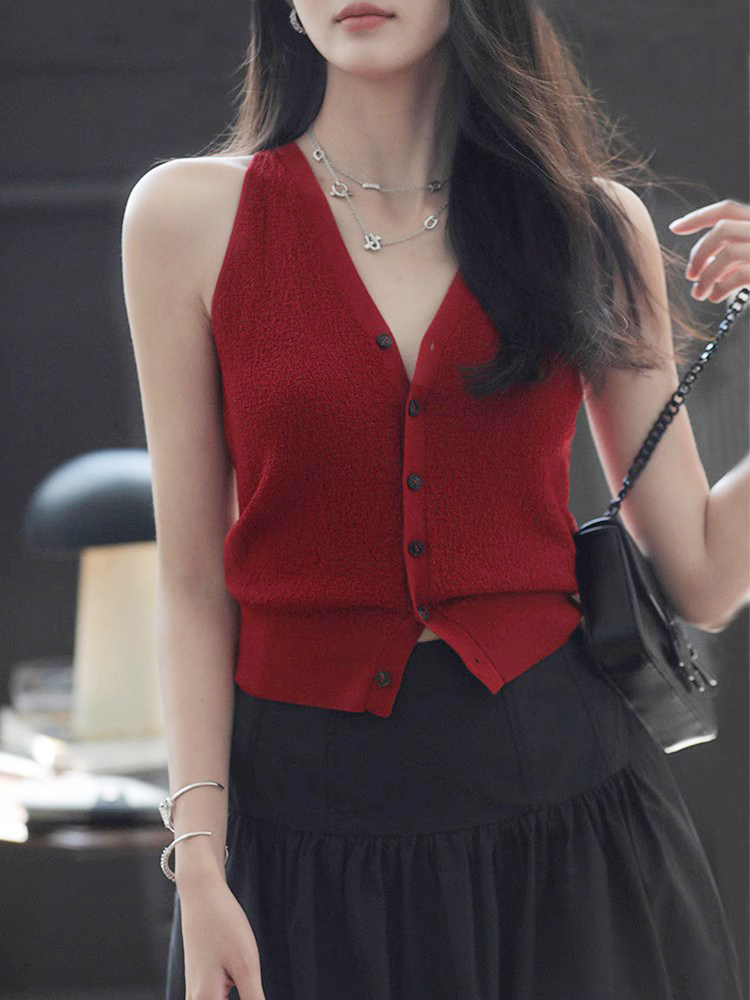 Burgundy suspender vest for women in summer new V-neck slim short halter neck knitted sleeveless top