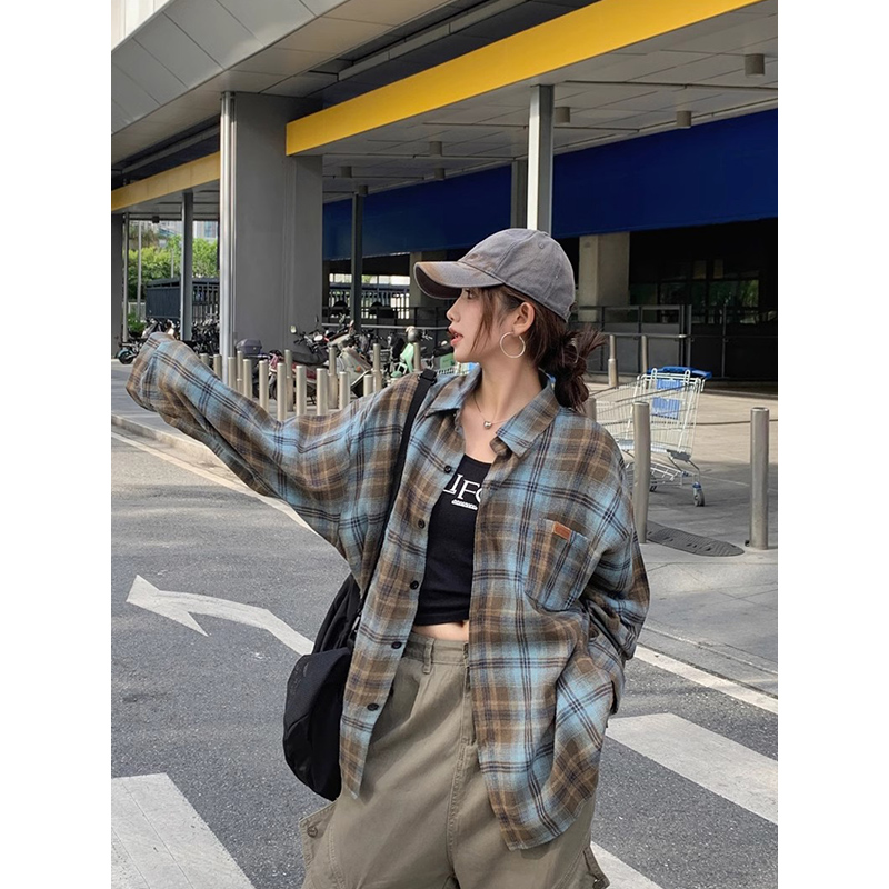 美式休閒格子襯衫復古時尚寬鬆格紋襯衣慵懶風春秋女長袖百搭外套