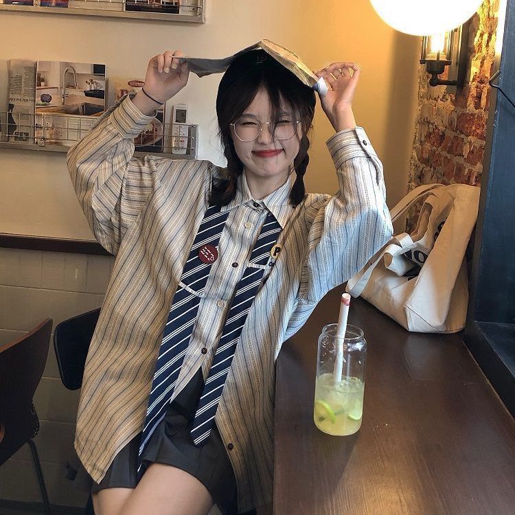 韓國chic設計感美式刺繡條紋襯衫女2025春季新款百搭長袖上衣ins