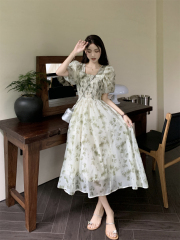 Real shot French floral chiffon puff sleeve square collar dress for women with waist slim tea skirt fairy long skirt