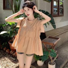 飛飛袖荷葉領條紋襯衫女夏季新款百搭休閒寬鬆顯瘦設計感上衣