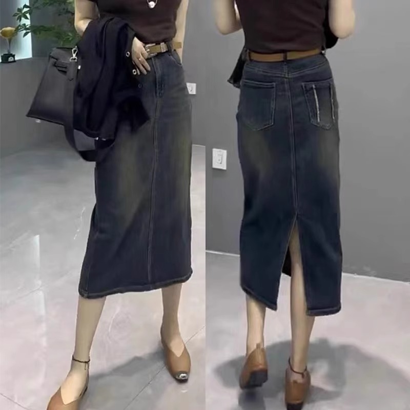 大碼彈力開叉牛仔半身裙女春夏胖mm高腰顯瘦中長款a字包臀長裙子