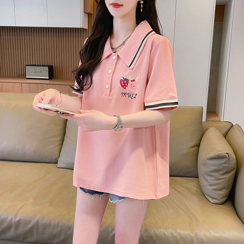 Real shot of polo neck short-sleeved T-shirt women's summer new loose Korean style fashionable design large-size top