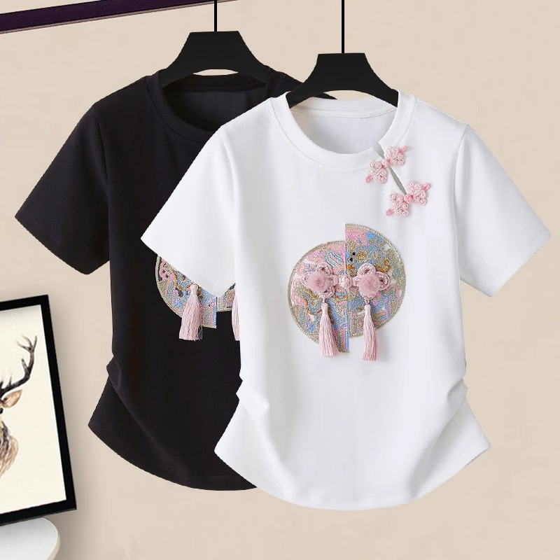 Original workmanship new Chinese style Chinese style embroidered short-sleeved front shoulder T-shirt for women's season 2025 new versatile round neck top