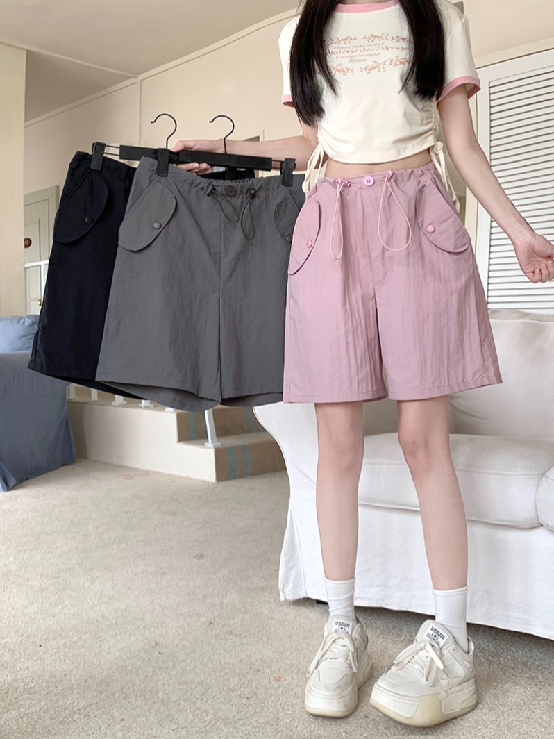 Real shot of women's thin high waist casual wide-leg sports American five-point pants