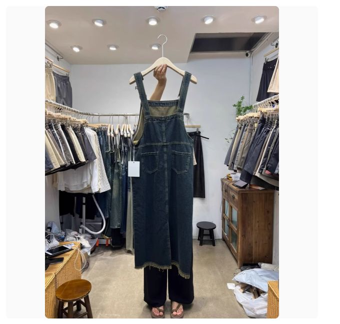 韓國chic中長款復古毛邊連衣裙女春夏新款高腰開叉工裝牛仔背帶裙