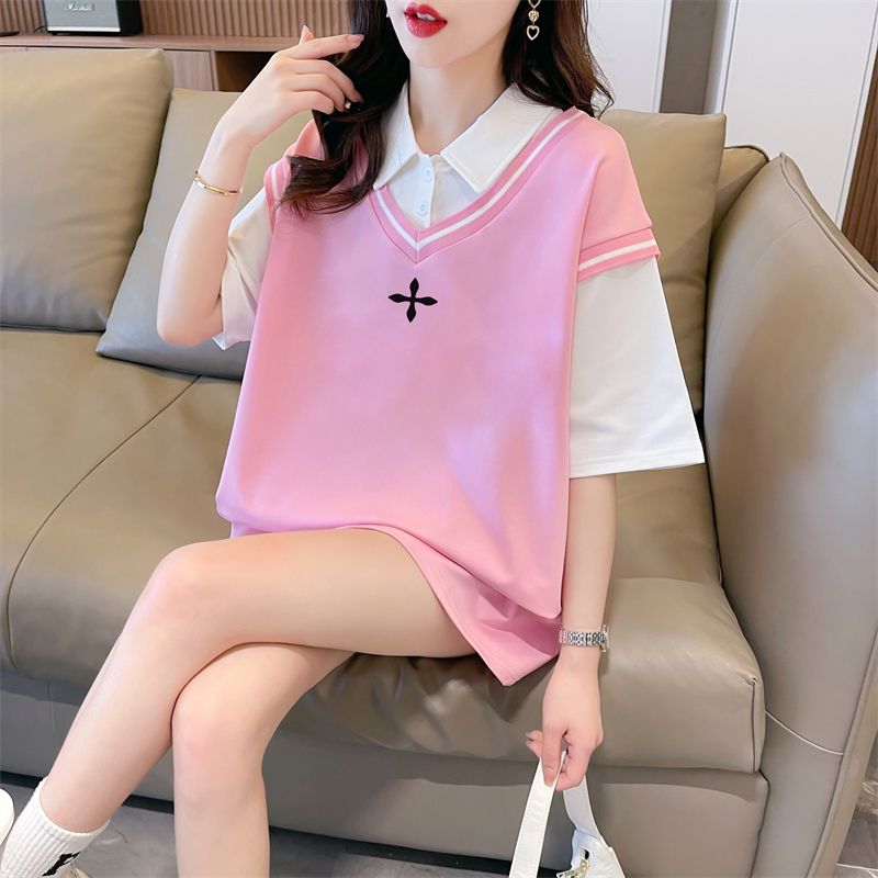 Real shot of polo neck fake two-piece T-shirt large-size women's new summer fashionable age-reducing loose short-sleeved top trendy