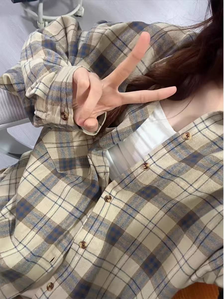 非實拍 美式復古格子襯衫女單穿疊穿寬鬆襯衣外套春長袖上衣