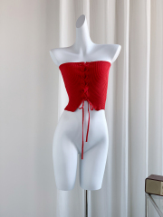 實拍DULA好好家 辣妹紅色針織抹胸女早春新款外穿性感短款上衣