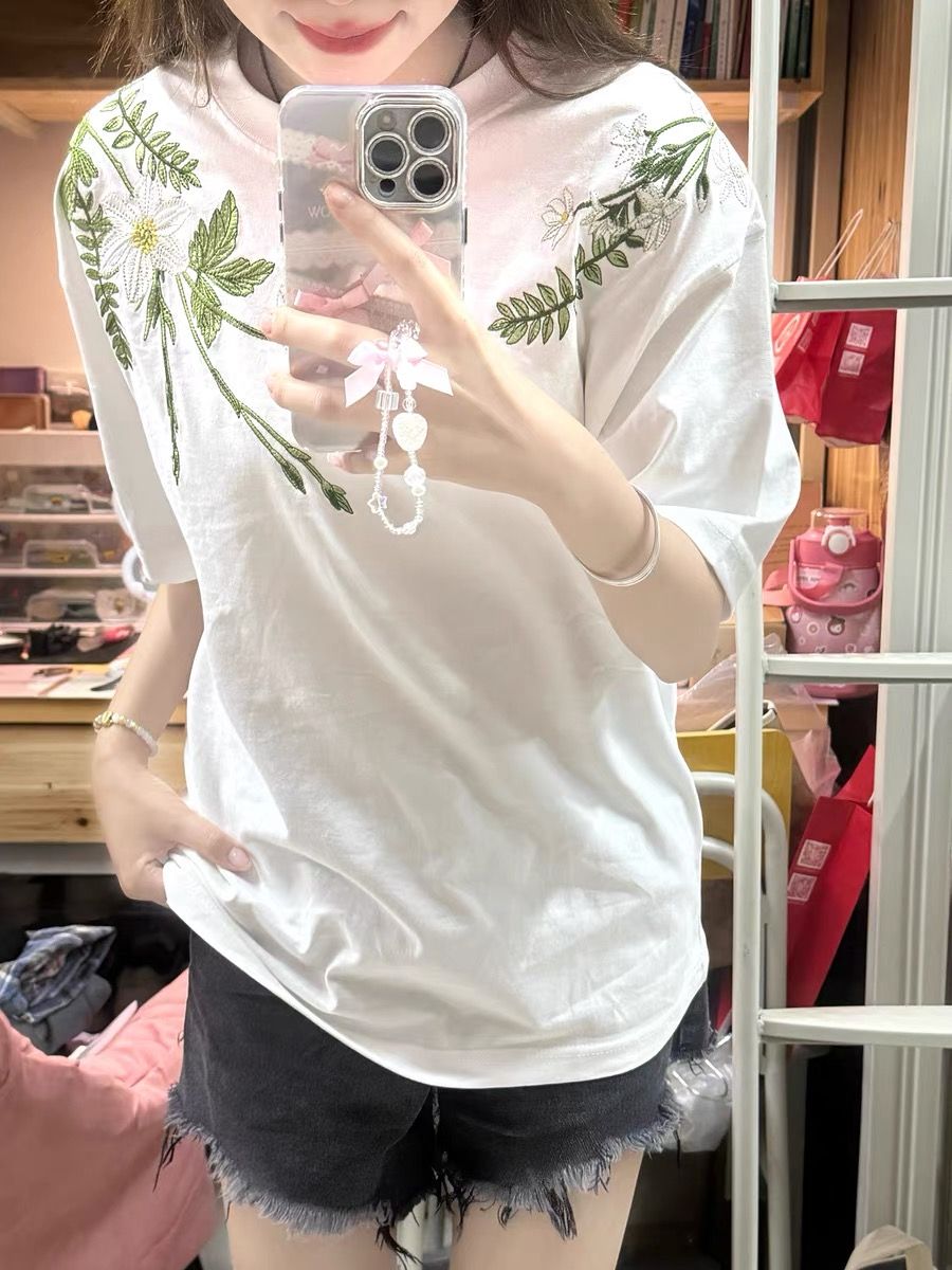 純棉 韓國chic夏季新款韓版寬鬆花朵字母松刺繡短袖t恤女百搭上衣