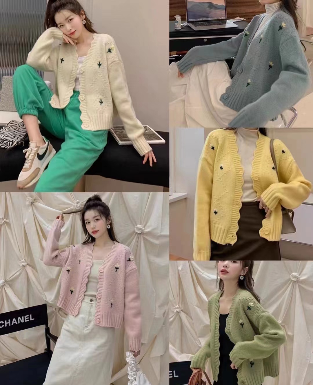 韓國ins秋冬新款小花朵刺繡V領短款收腰顯瘦針織開衫毛衣女