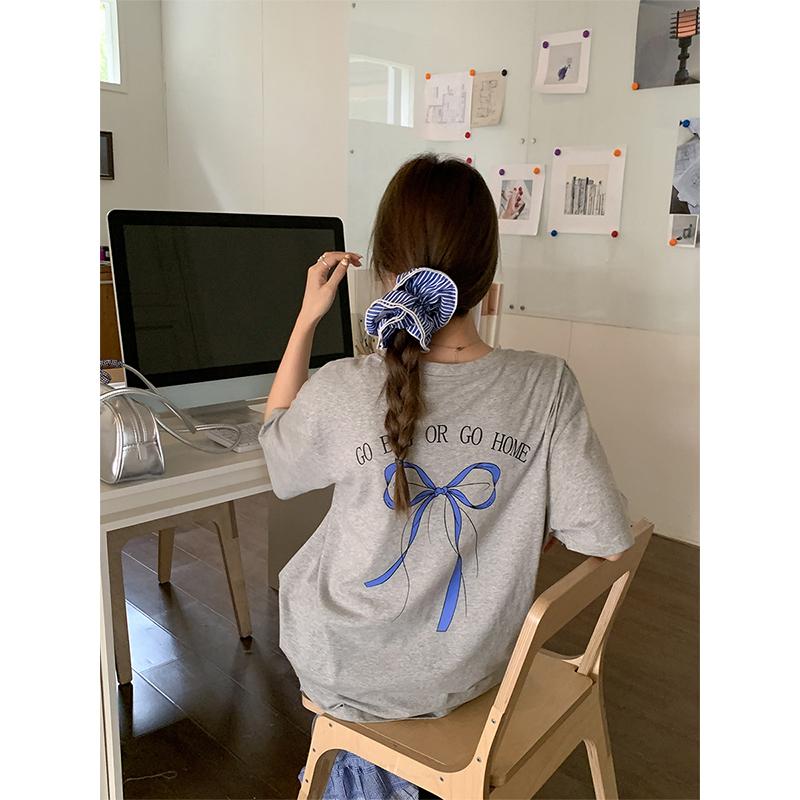 Real-life summer new Korean bow printed letters short-sleeved round neck casual loose T-shirt top