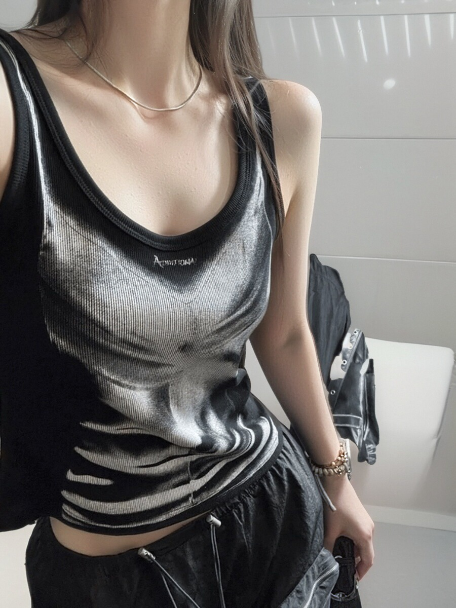 美式辣妹炸街撞色印花設計感背心女夏季時尚潮流修身短款打底上衣
