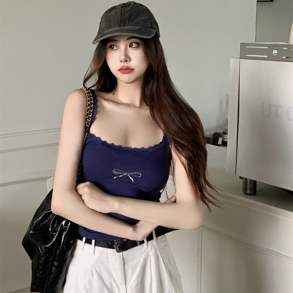 Real shot 40 pure cotton 210g 92 cotton/8 spandex suspender vest for women lace ironing diamonds