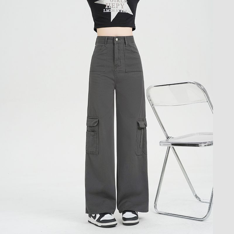 Real shot~ Retro loose washing jeans work pants for women draped straight trousers wide-leg pants floor-sliding pants