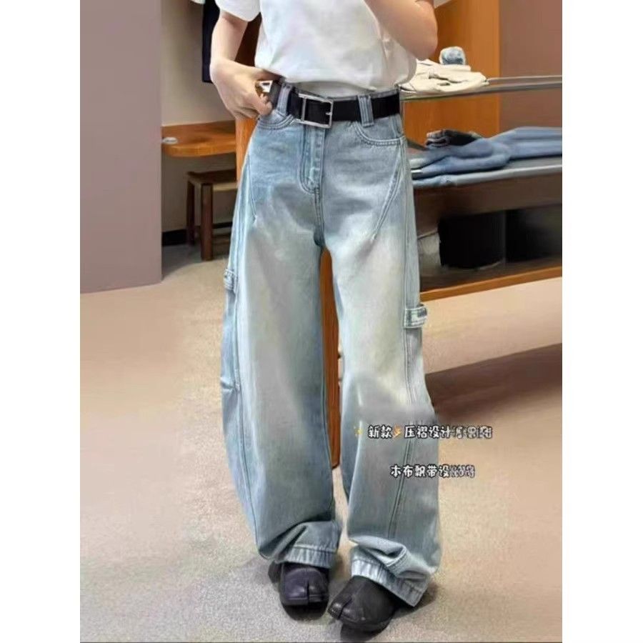 Korean version of summer light blue retro jeans for women new style small straight loose slim wash design
