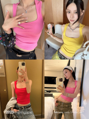 夏季新款大方領純色修身吊帶背心女純欲性感百搭顯瘦短款上衣潮