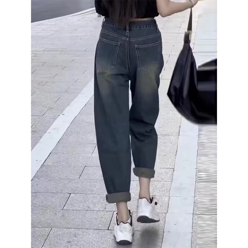 韓國小個子寬鬆牛仔褲女胖mm高腰顯瘦梨形身材大碼鐮刀穿搭哈倫褲
