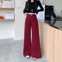 Real shot~ American Encore Red Micro-Flame Jeans Women's New Loose Slim High-Wait Wide Legs