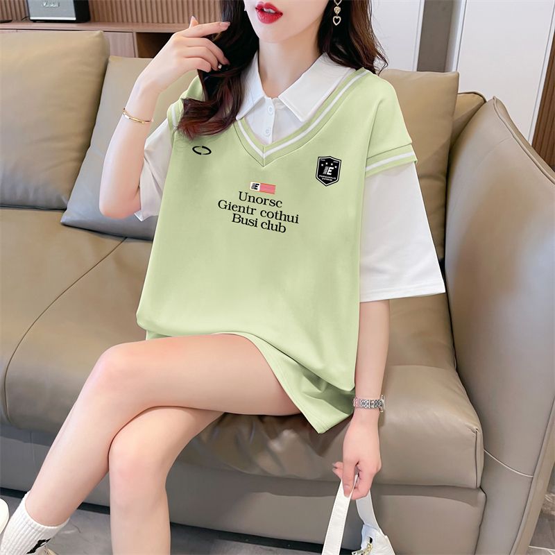 Real shot of polo neck fake two-piece T-shirt large-size women's new summer fashionable age-reducing loose short-sleeved top trendy