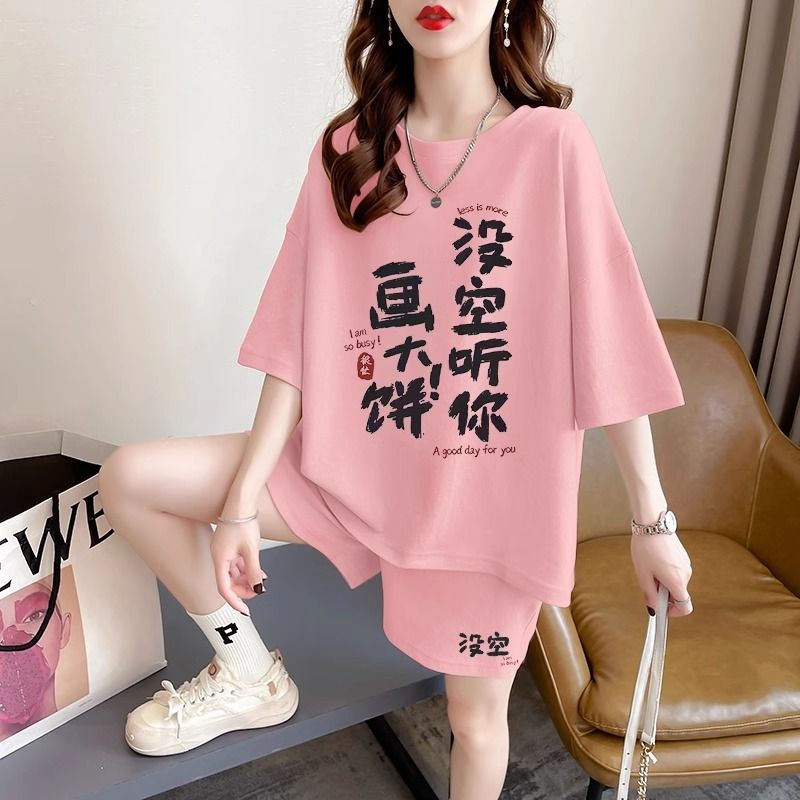 Real photos and smooth cotton casual sportswear suits for summer new style student shorts T-shirts large size two-piece set women's fashion