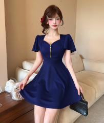 Real-life sexy short-sleeved zipper decoration waist-hugging big sway dress