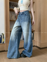 實拍美式復古闊腿牛仔褲女新款慵懶風鬆弛感寬鬆直筒拖地長褲
