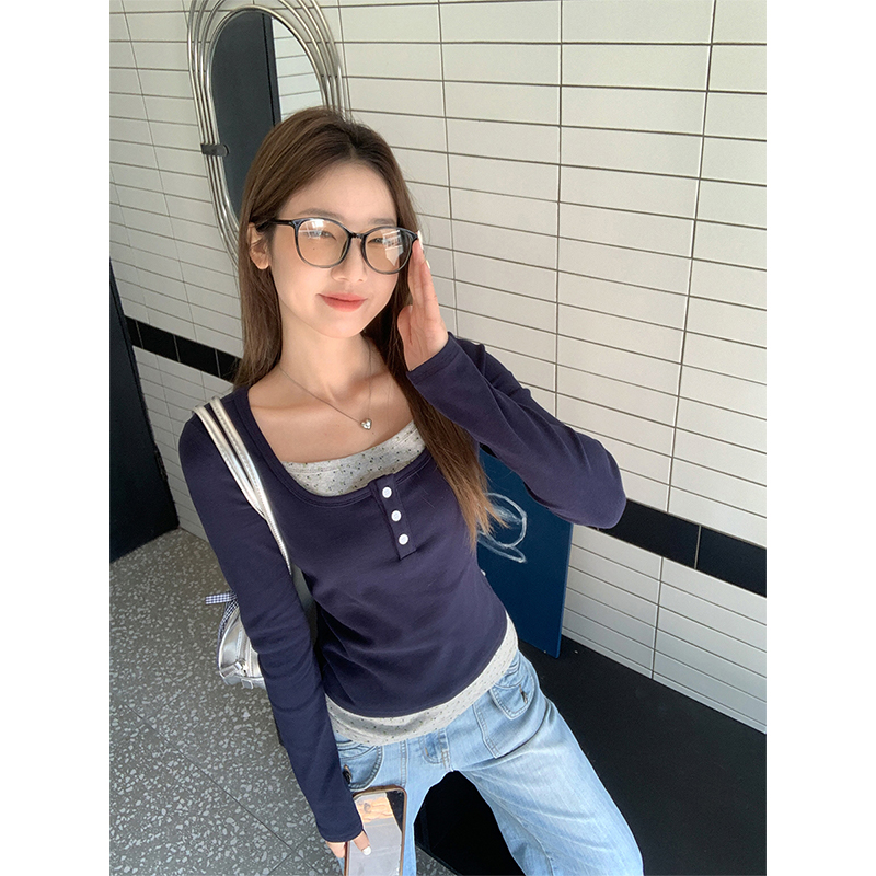 Real shot of splicing fake two-piece button design long-sleeved T-shirt for women in spring slim fit and versatile base shirt top