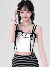 小眾設計感甜美外穿內搭上衣熊貓印花短款吊帶背心抽繩背心
