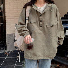 Photographed Korean chic pure cotton work-style women's spring and autumn thin model American high street hooded windbreaker pull-over sweatshirt