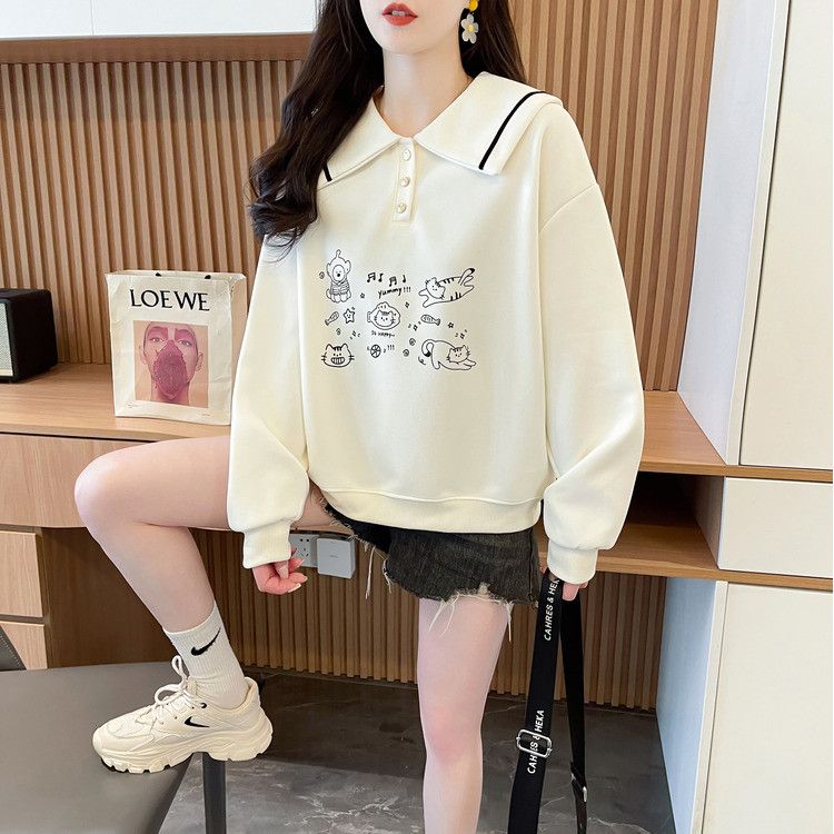 Real photos of Chinese cotton polo navy neck sweatshirt for women new spring and autumn fashionable age-reducing loose plus-size women's top trend