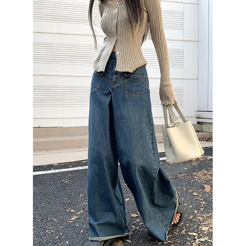 Hong Kong style retro high-waist jeans for women 2025 new design loose and slim draped wide-leg floor trousers