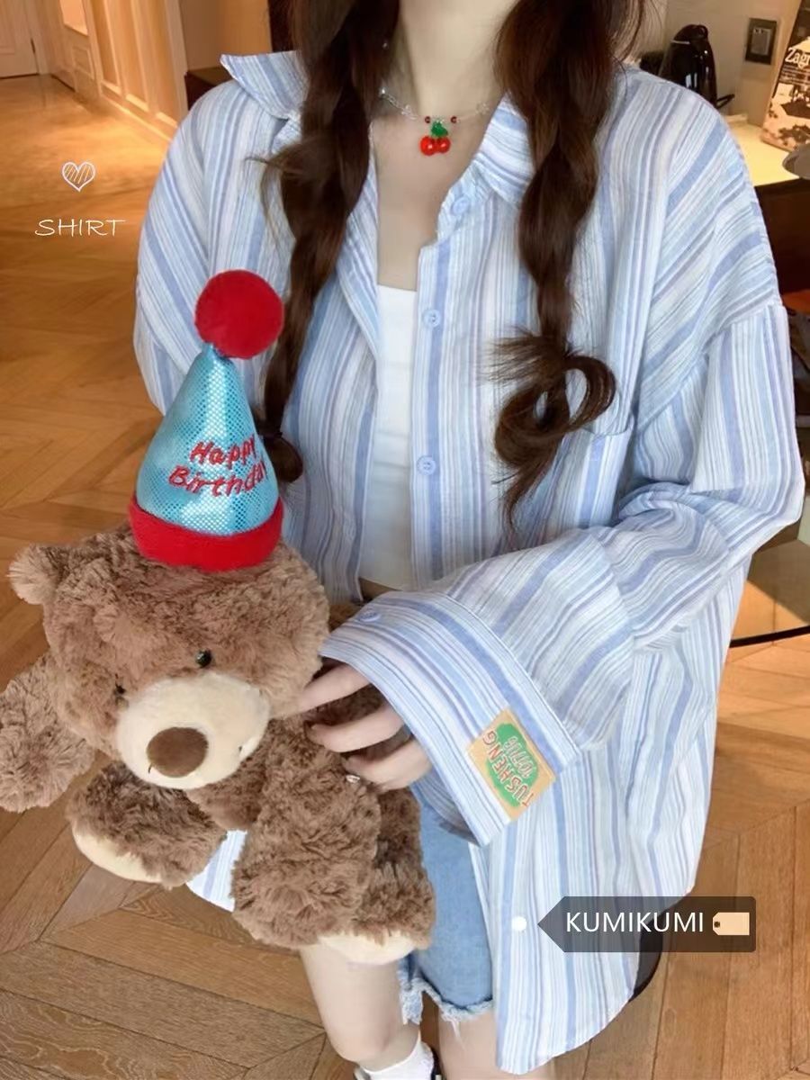 Blue striped shirt cardigan large size summer sunscreen shirt women's summer thin coat new top