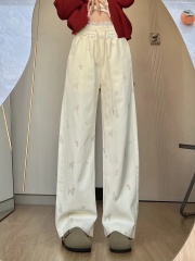 2025 summer new Korean casual lace splicing puppy printed straight-chip casual pants wide-leg pants