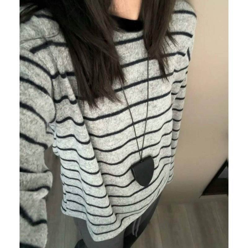 Korean round neck striped grinding long-sleeved T-shirt for women in spring loose lazy style loose inner bottom shirt top