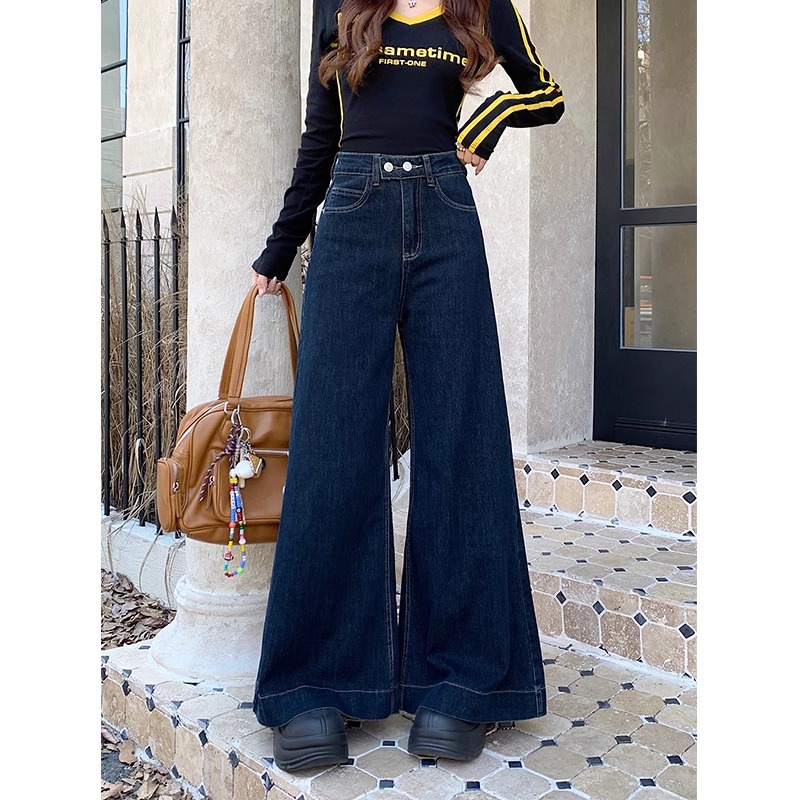 韓國chic2025春季大碼微喇叭牛仔褲女梨形身材寬鬆高腰闊腿拖地褲