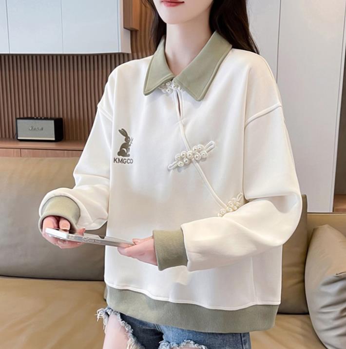Real photos of Hua Cotton Polo neck sweatshirt for women's new spring and autumn fashionable age-reducing loose design top trendy