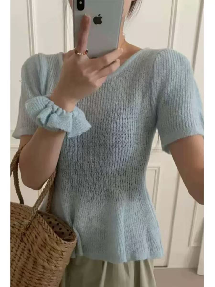 非實拍 糖果色荷葉邊俏皮少女感短袖上衣收腰減齡針織衫上衣