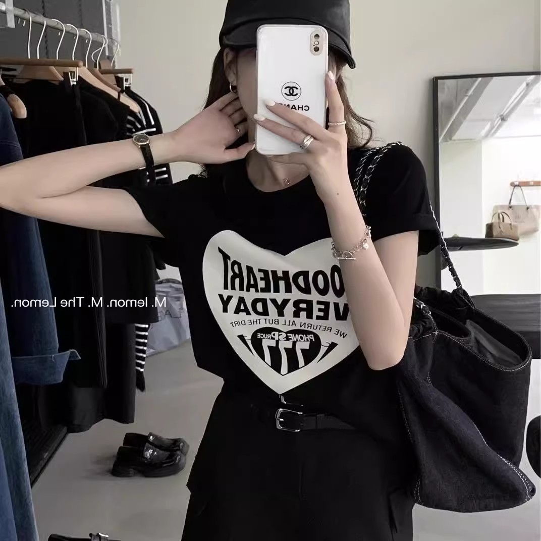 美式復古愛心字母印花正肩短袖t恤女夏季純棉體恤顯瘦打底衫上衣