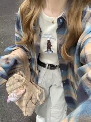 Non-shoot American retro color-blocked grid sun shirt for men and women, long-sleeved loose thin style collared jacket