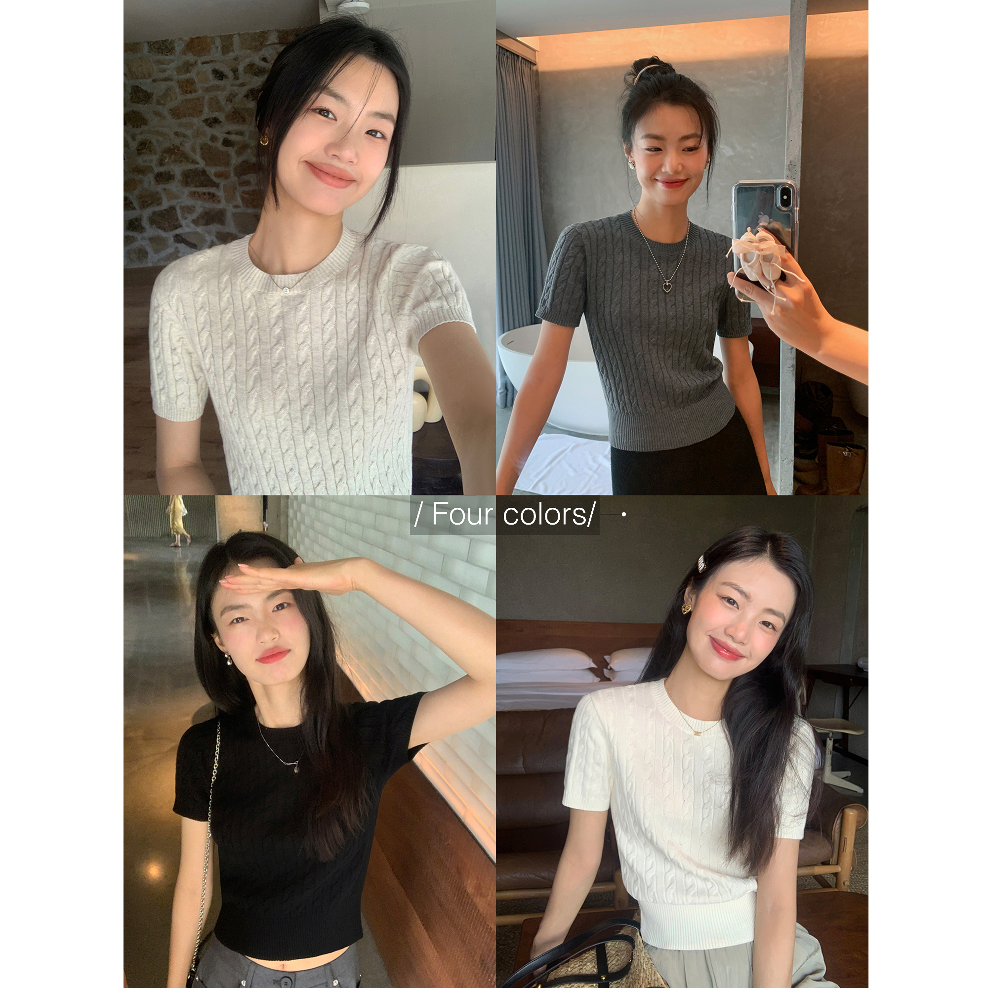 pusumede white retro short-sleeved sweater for women in summer thin versatile T-shirt round neck waist-hugging short top