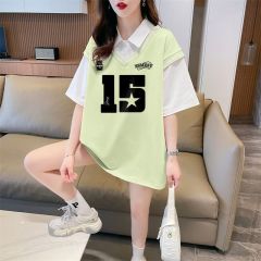 Real shot of polo neck fake two-piece T-shirt large-size women's new summer fashionable age-reducing loose short-sleeved top trendy