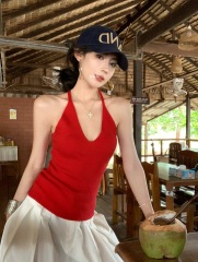 實拍 休閒針織掛脖吊帶v領修身顯瘦背心高腰闊腿休閒褲