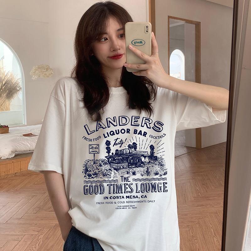 Real shot of 100% pure cotton American retro design short-sleeved T-shirt for women in summer loose couple tops trendy