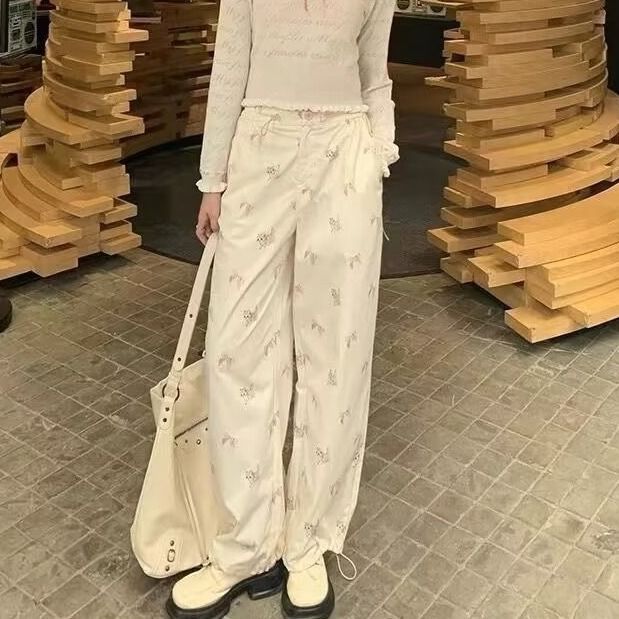 美式bf慵懶風貓咪印花闊腿褲男女2025夏季小眾休閒鬆弛感工裝長褲